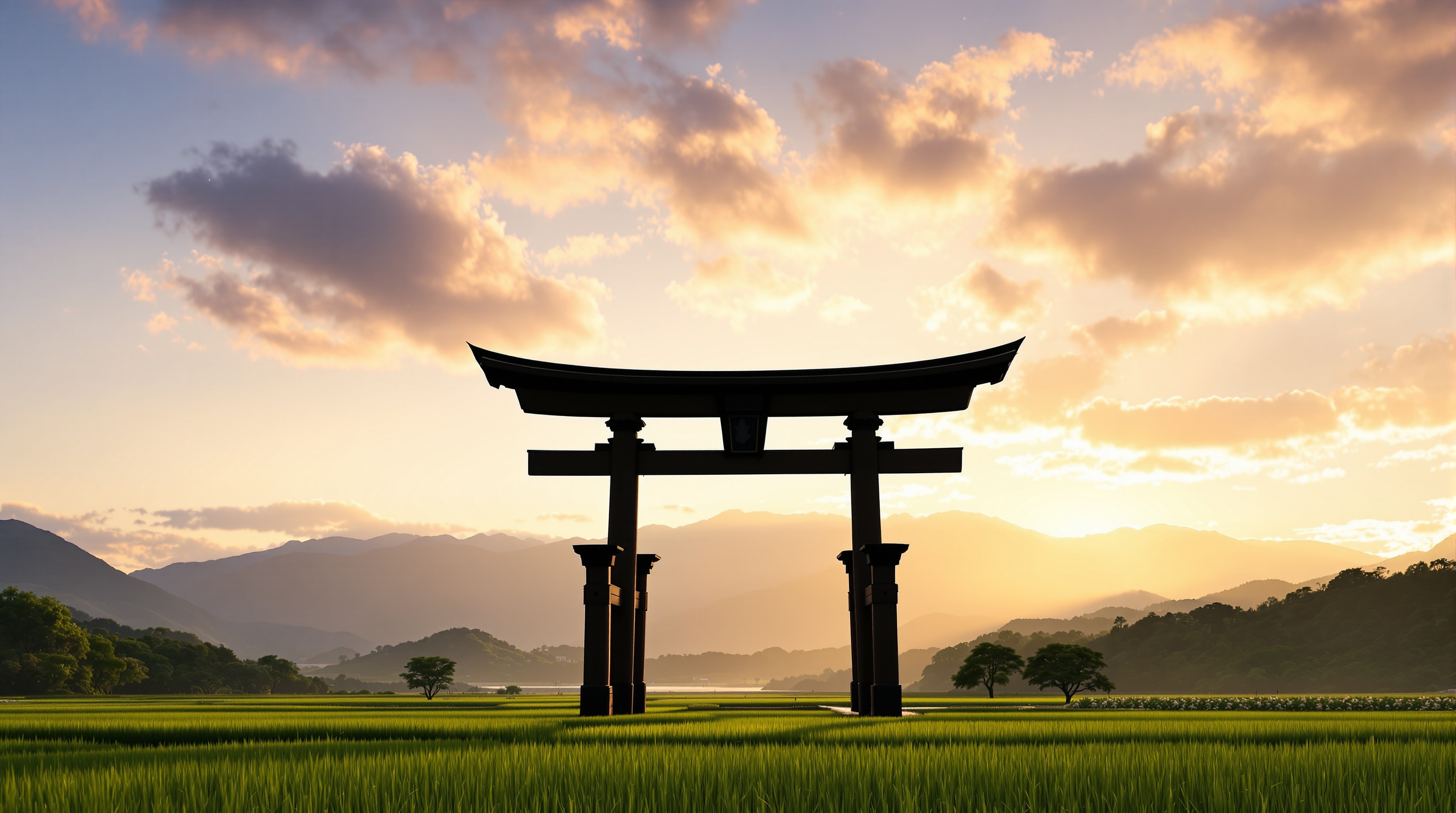 The giant torii gate of Oyunohara over rice fields