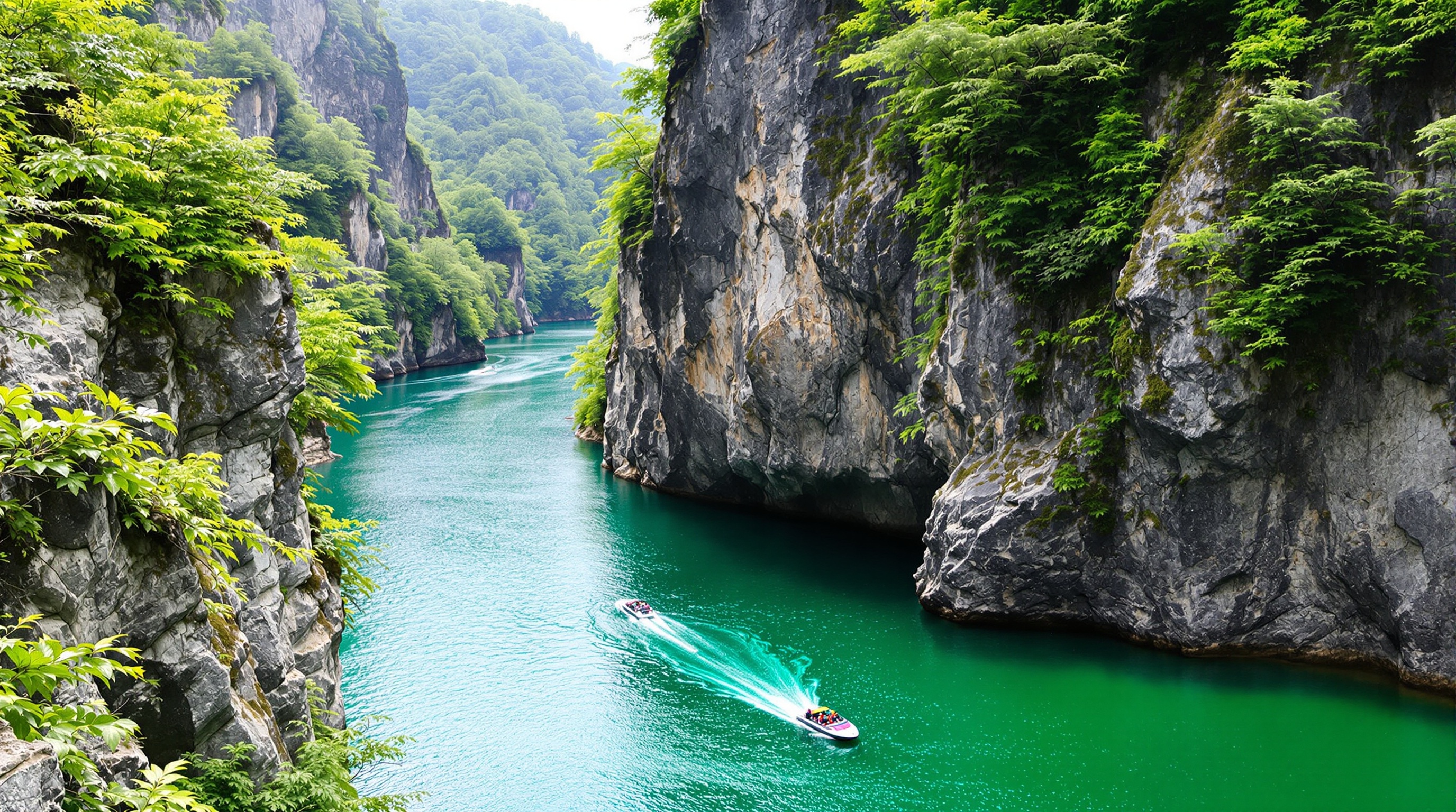 Emerald river between sheer cliffs in Dorokyo Gorge